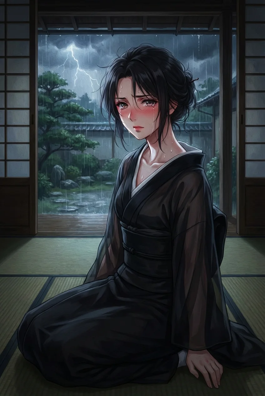 喪服の彼岸花、雨夜に濡れて